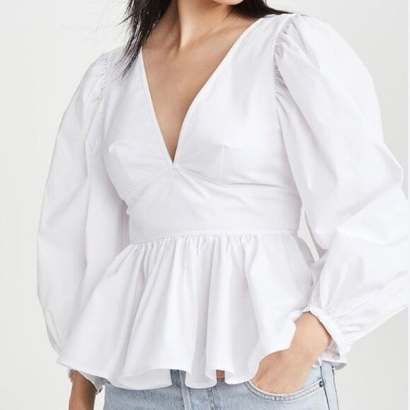 Staud White Poplin Balloon Sleeve Peplum Waist V-Neck Blouse NWT Size 8/Medium - Picture 8 of 8